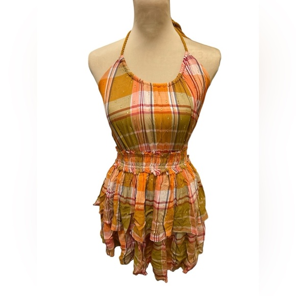 NWT Aerie Plaid Ruffle Halter Mini Dress Size Small Spring Plaid with Gold Dots. - Picture 4 of 12
